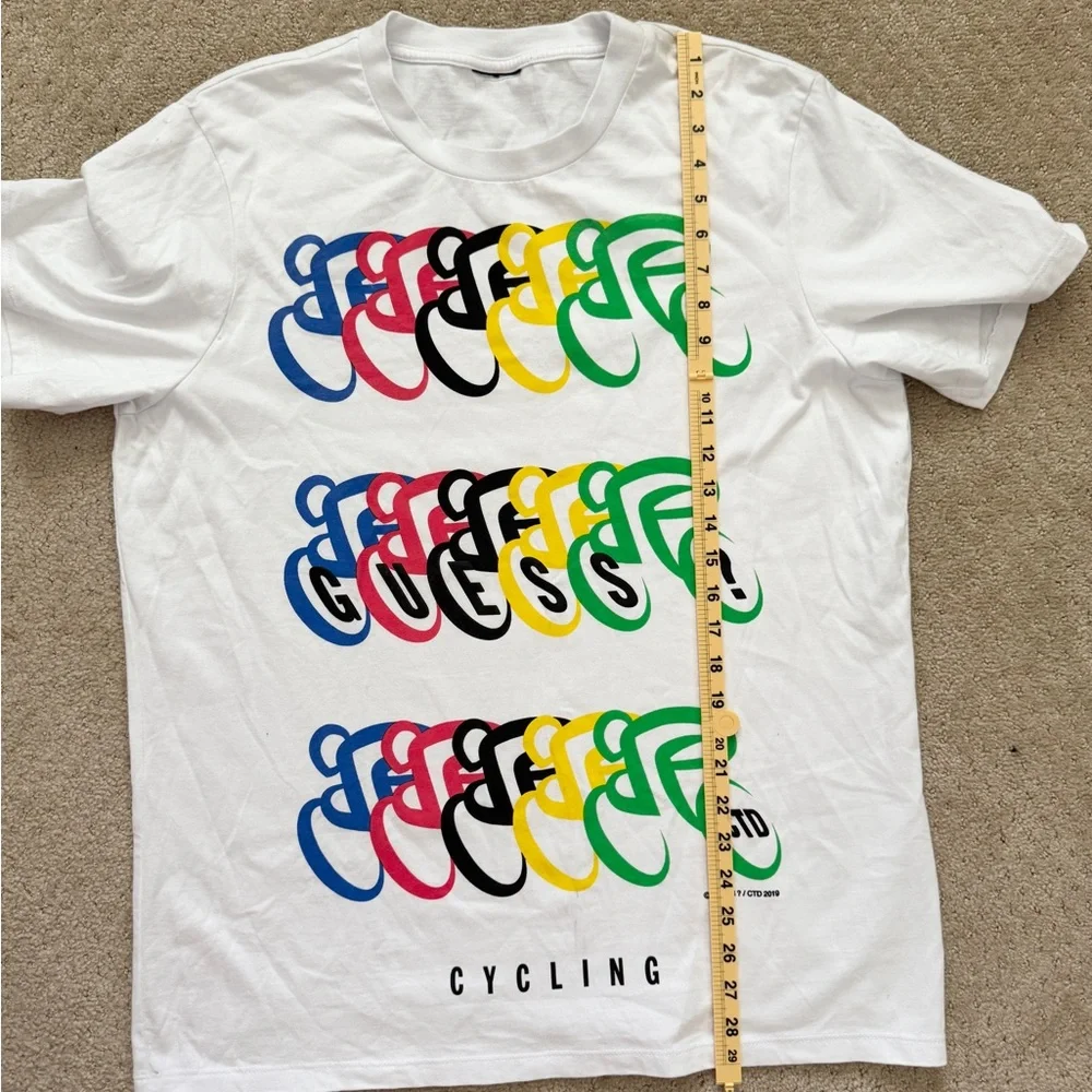 GUESS Men's White Multicolored Cycling Short Sleeve Tee T-Shirt-LARGE - Picture 4 of 4